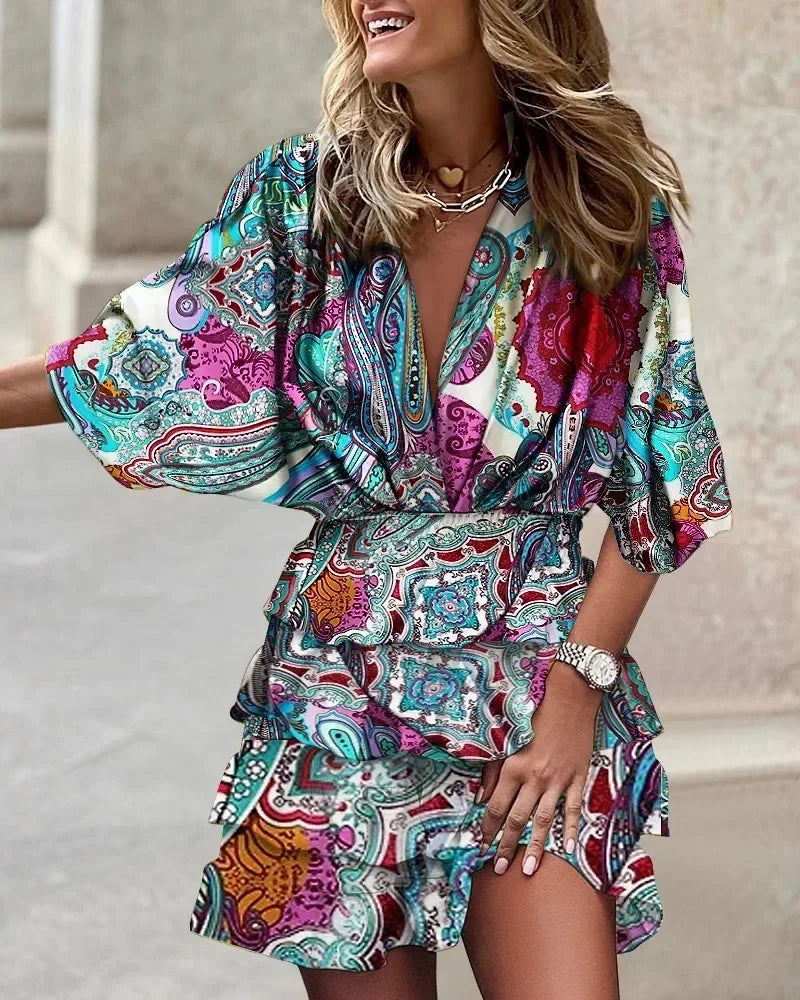Women Fall V-Neck Loose Batwing Hafl Sleeve Print Dress Fashion Elegant Lace-up Ruffle Beach Mini Dresses Casual Streetwear 2024