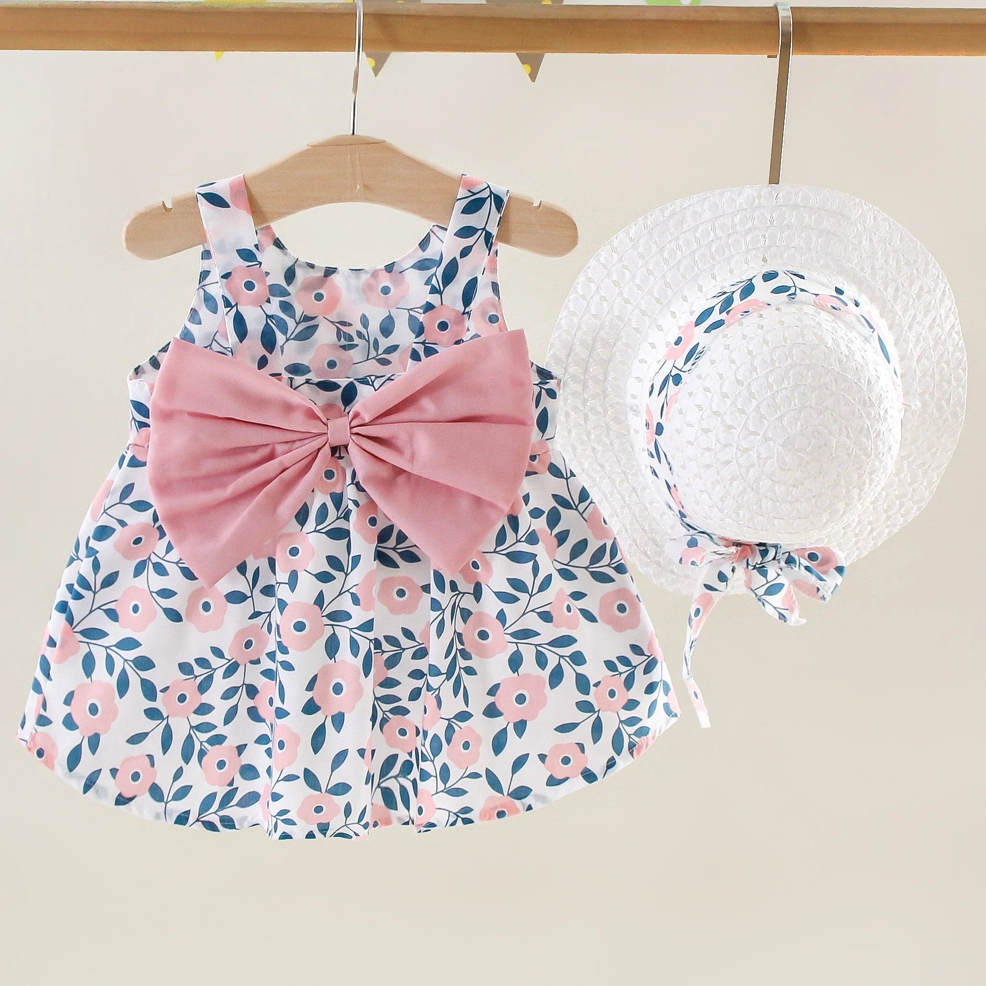 Summer New Girls Dress Halter Ribbon Ribbon Full Print Floral A-line Dress Birthday Party Team Dress + Hat Bow Ribbon