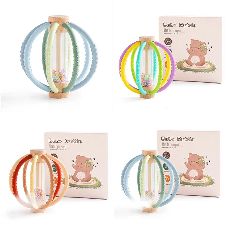 Wooden Rain Drum Baby Rattle Silicone Teether Toy