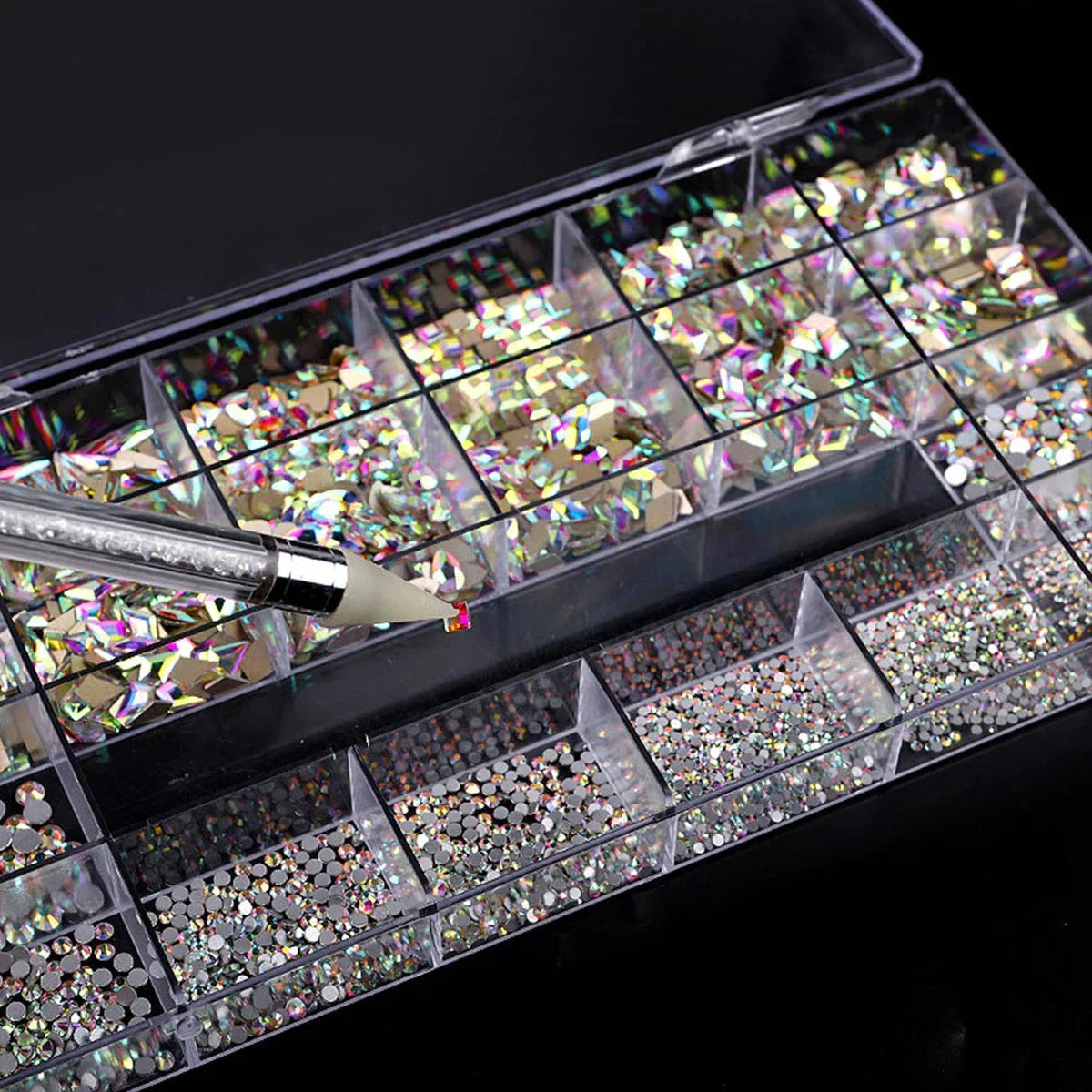 21 Grid Nail Art Rhinestone Set - Multi-Style Flat Bottom Glass Diamonds