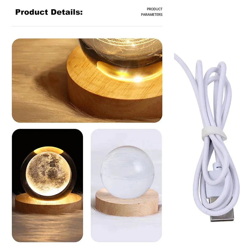 Kids LED Crystal Ball Lamp – 3D Moon & Galaxy Table Decor Toy