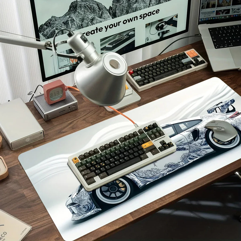 Large White Sports Car Design Gaming Mouse Pad Anti-Slip Rubber Base Extended Desk Mat for Gamer Office Use Computer Accessories