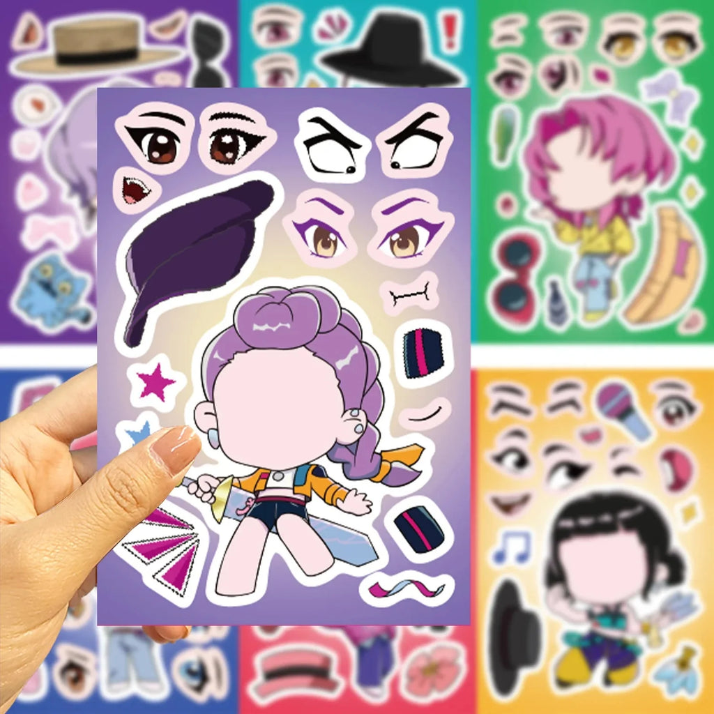 8Sheets Children DIY Puzzle Sticker Games K-POP DEMON HUNTERS Make A Face Funny Assemble Jigsaw Stickers Kids Educational Toys
