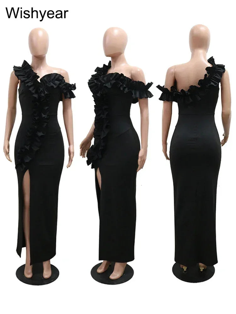 Sexy Night Sleeveless Off Shoulder Wooden Ear Edge Ruffles Bodycon Split Red Midi Dress Women Evening Birthday Party Vestidos