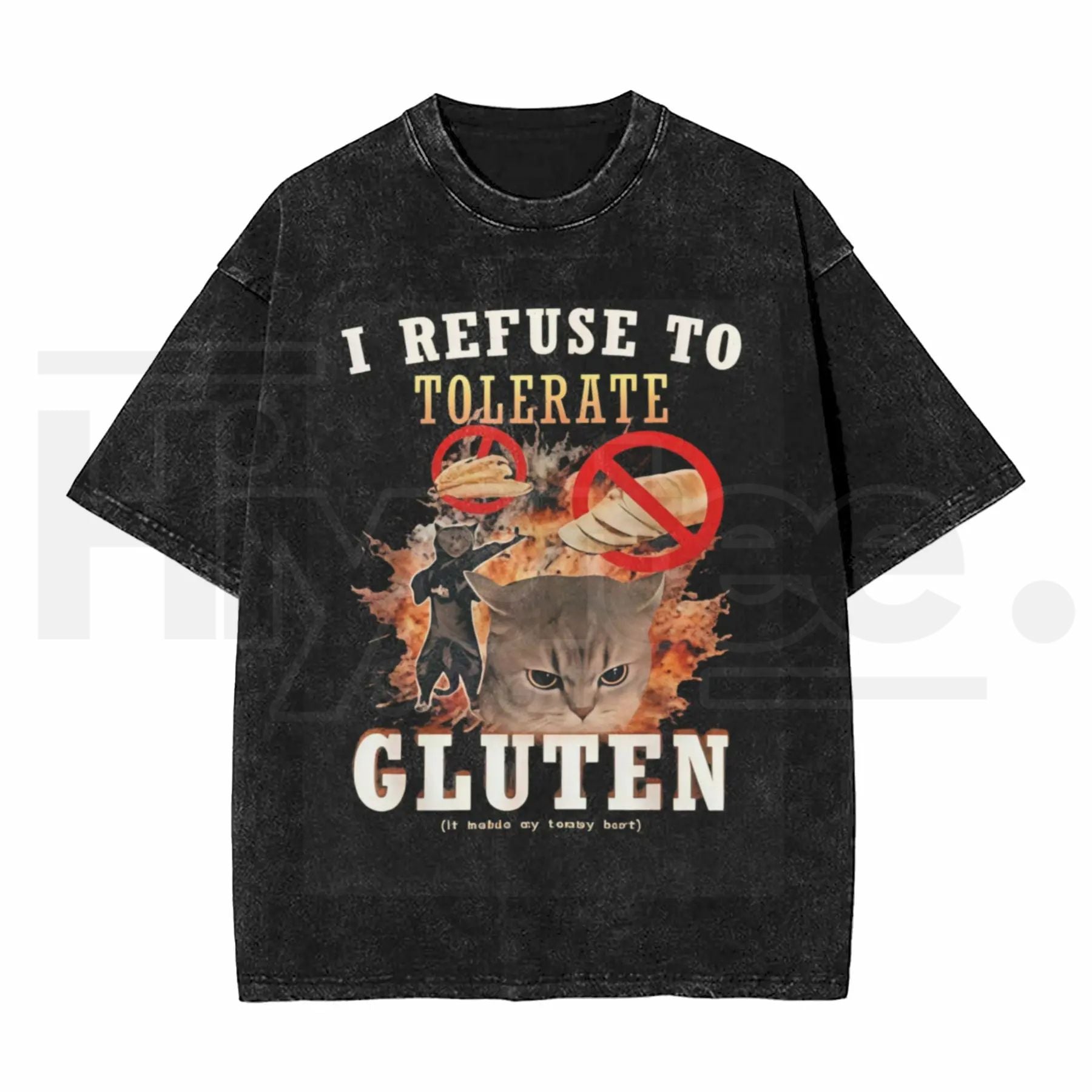 Sassy Cat "Gluten Free" Vintage Washed Tee – 230G Heavy Cotton Oversized Meme Top