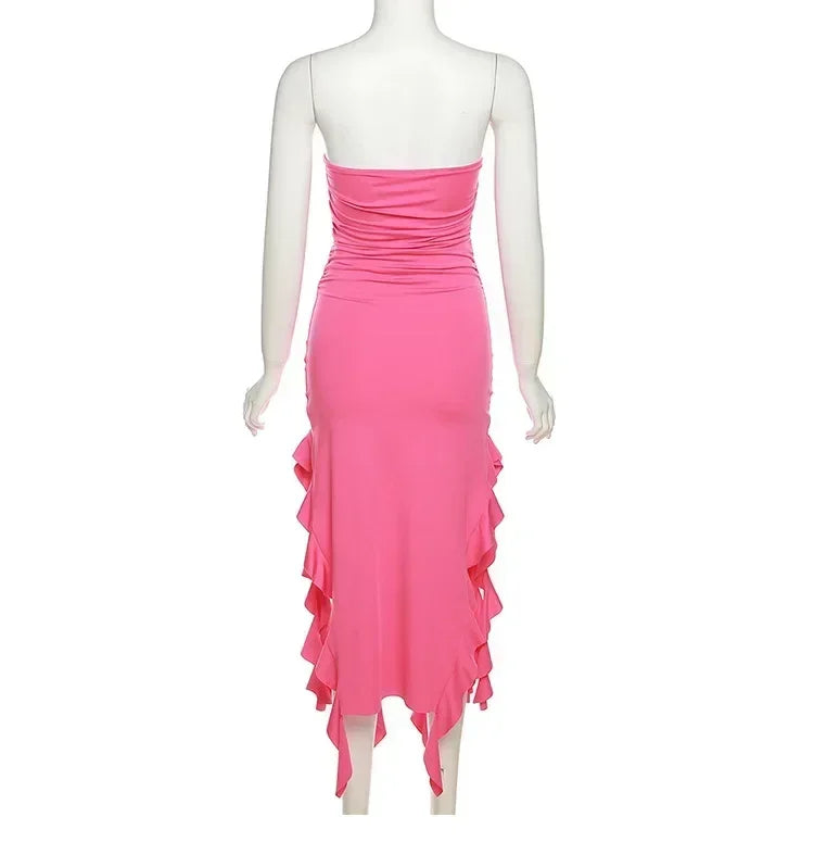 Cryptographic Irregular Ruffle Off Shoulder Sexy Backless Midi Dress for Women Elegant Birthday Vestido Summer Sundresses Ruched
