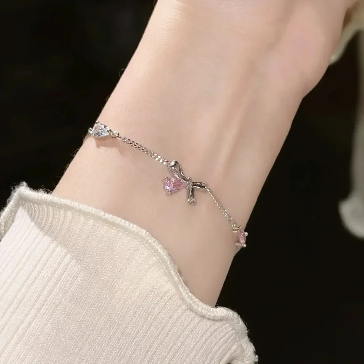 Shiny Pink Crystal Cherry Blossom Bracelets For Women Girls Sweet Moon Bow Flowers Zircon Bracelet Party Aesthetic Jewelry