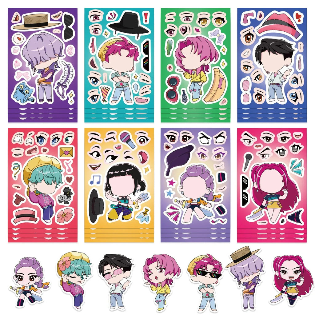8Sheets Children DIY Puzzle Sticker Games K-POP DEMON HUNTERS Make A Face Funny Assemble Jigsaw Stickers Kids Educational Toys