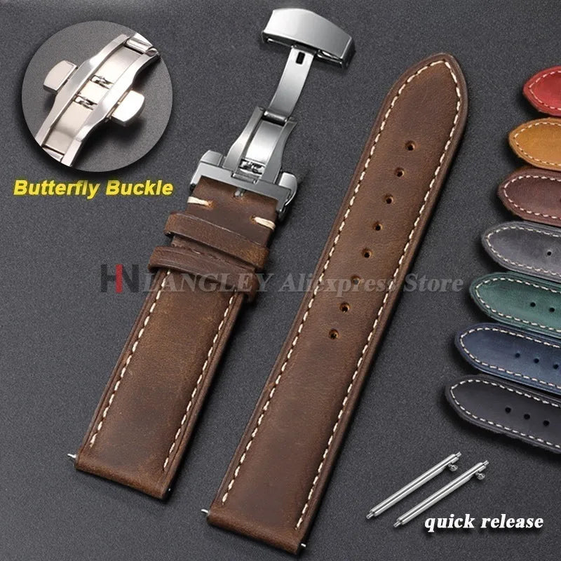 Amazfit Leather Watch Band Calfskin Strap with Butterfly Buckle Brown