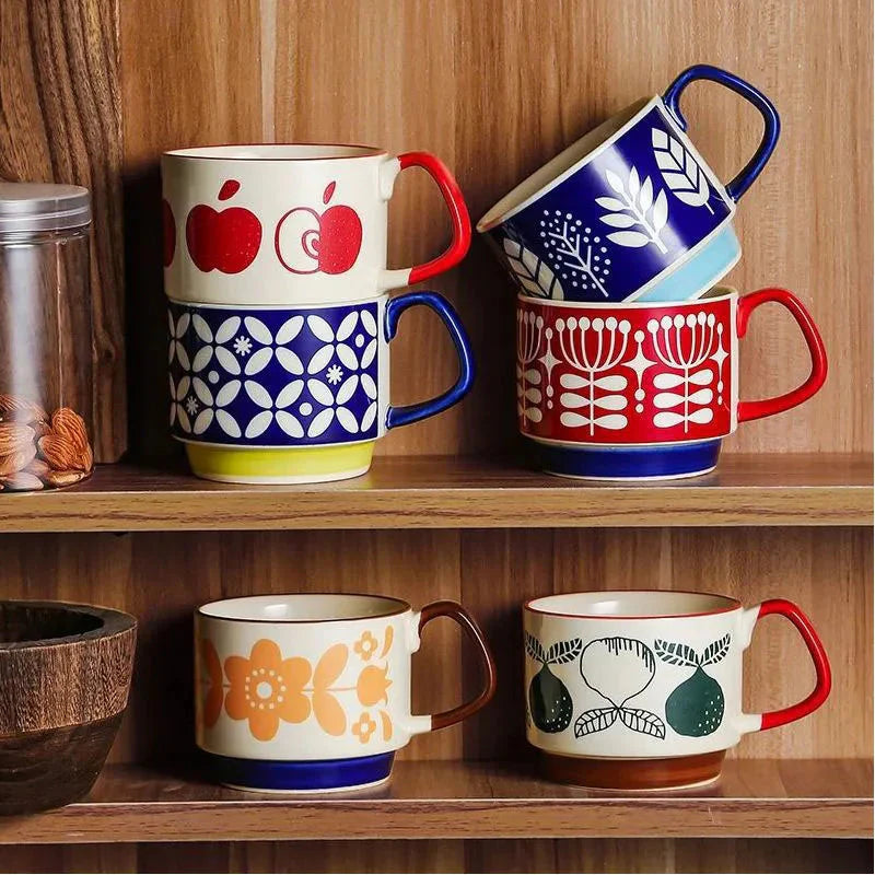 Japanese Flower Coffee Mug Set – Retro Ceramic Cup