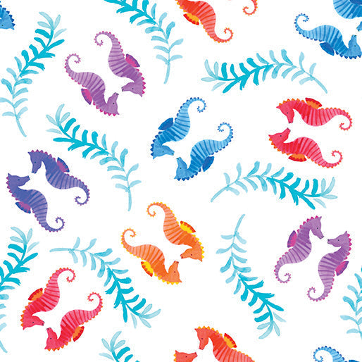 Seahorses White Cotton 44"/45" Fabric Per Yard