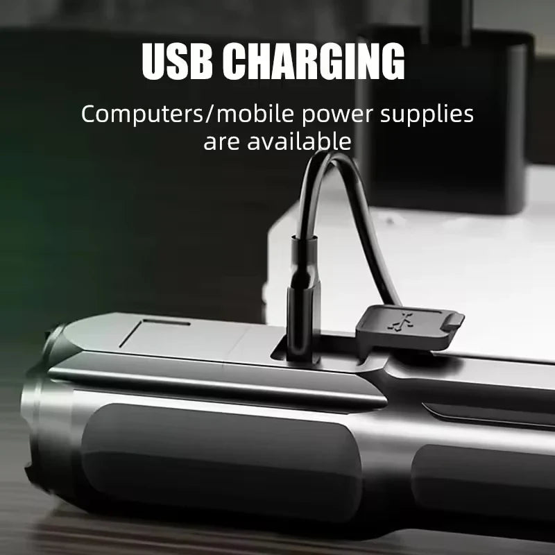 LED Camping Torch Flashlight High Power Rechargeable USB Spotlight Zoom Lantern Built-in Battery For Fishing Outdoor Waterproof