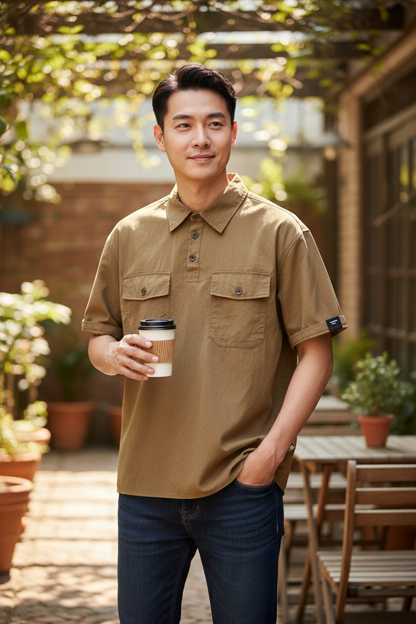 Summer Ice Silk American High-end Workwear Short-sleeved Shirt Men’s Gray British Trendy Retro Loose T-shirt Polo Shirt