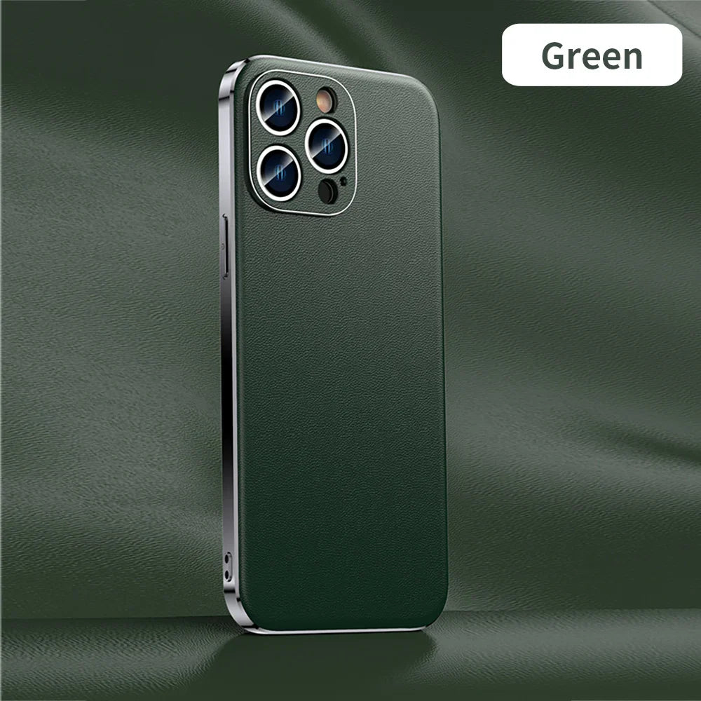 Genuine Cowhide Leather Phone Case for iPhone 16 15 11 12 13 14 Pro Max Luxury Plating Shockproof Lens Protection Back Cover