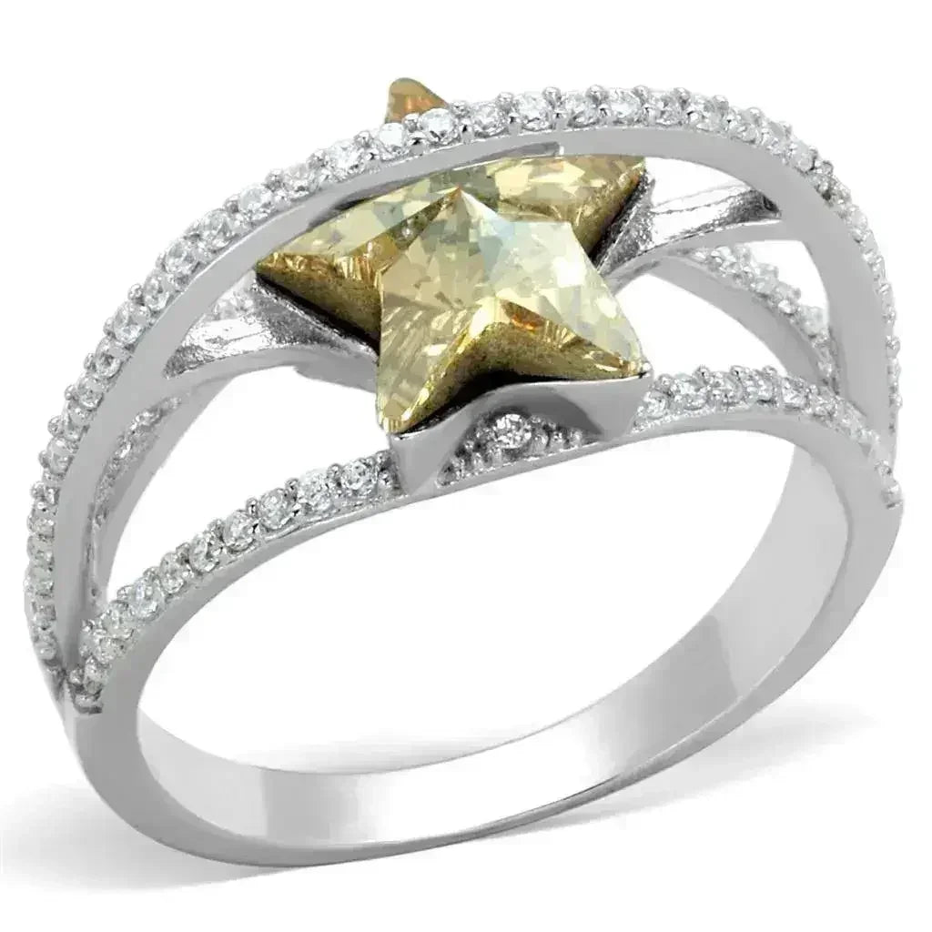 TS315 Rhodium Sterling Silver Ring – Citrine Yellow Crystal Statement Piece