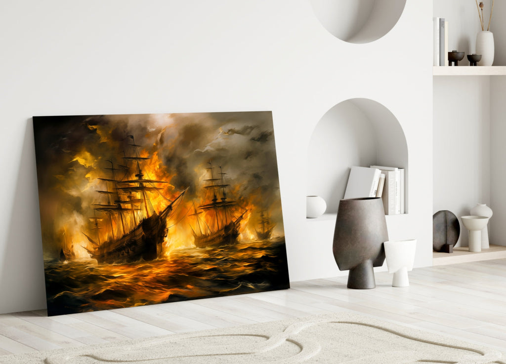 Navy in Flames Glass Wall Art || Designer Collection