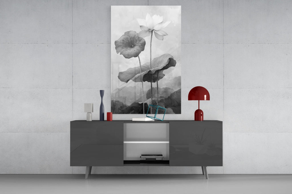 Black and White Water Lily Glass Wall Art || Designer Collection