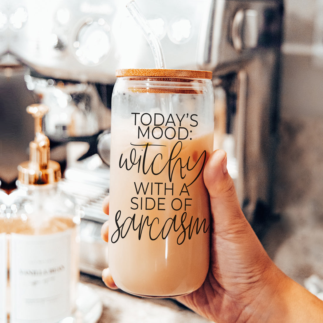 20oz Glass Tumbler Hocus Pocus Coffee Quote With Bamboo Lid Straws And Cleaner