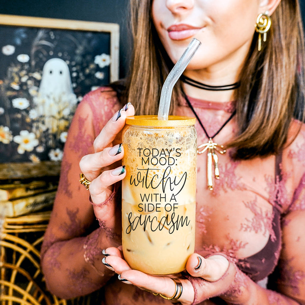 20oz Glass Tumbler Hocus Pocus Coffee Quote With Bamboo Lid Straws And Cleaner