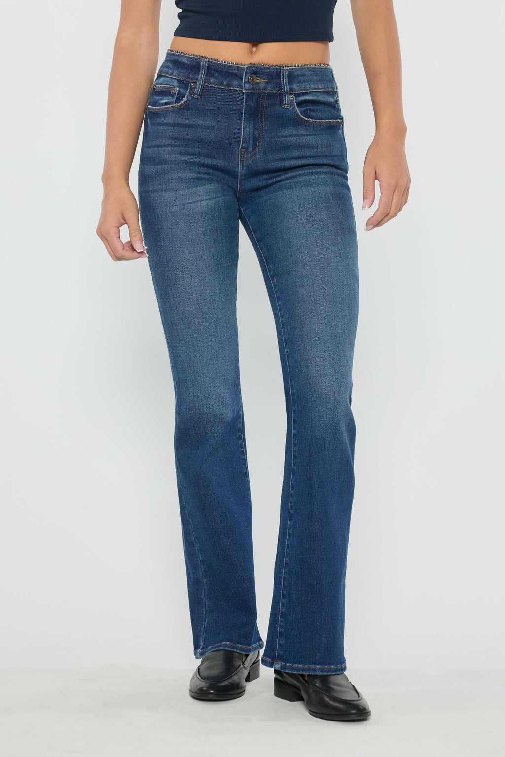 High Rise Bootcut Jeans with Crystal Beaded Lace Trim
