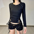 Post-apocalyptic Dark-style Crew-neck Long Sleeves With Eyelet Drawstrings And Lace-up Detailing