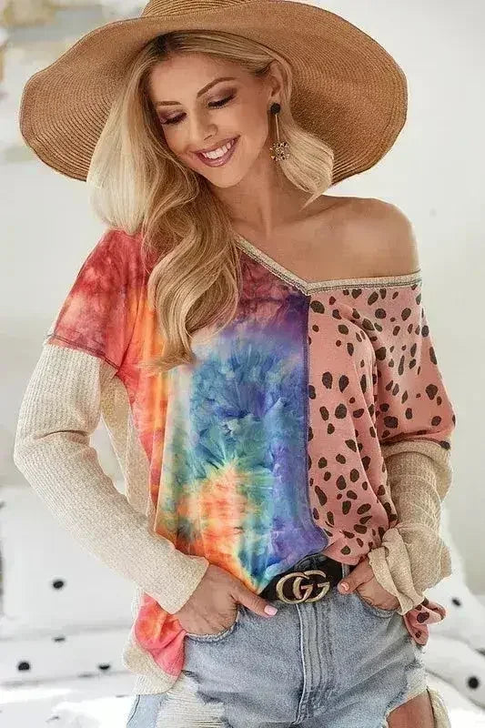 BiBi Print Block V Neck Top with Contrast Stitching