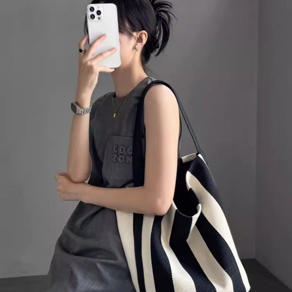 Striped Canvas Bag Large Capacity – Stylish Tote Bag, Versatile Shoulder & Bucket Bag