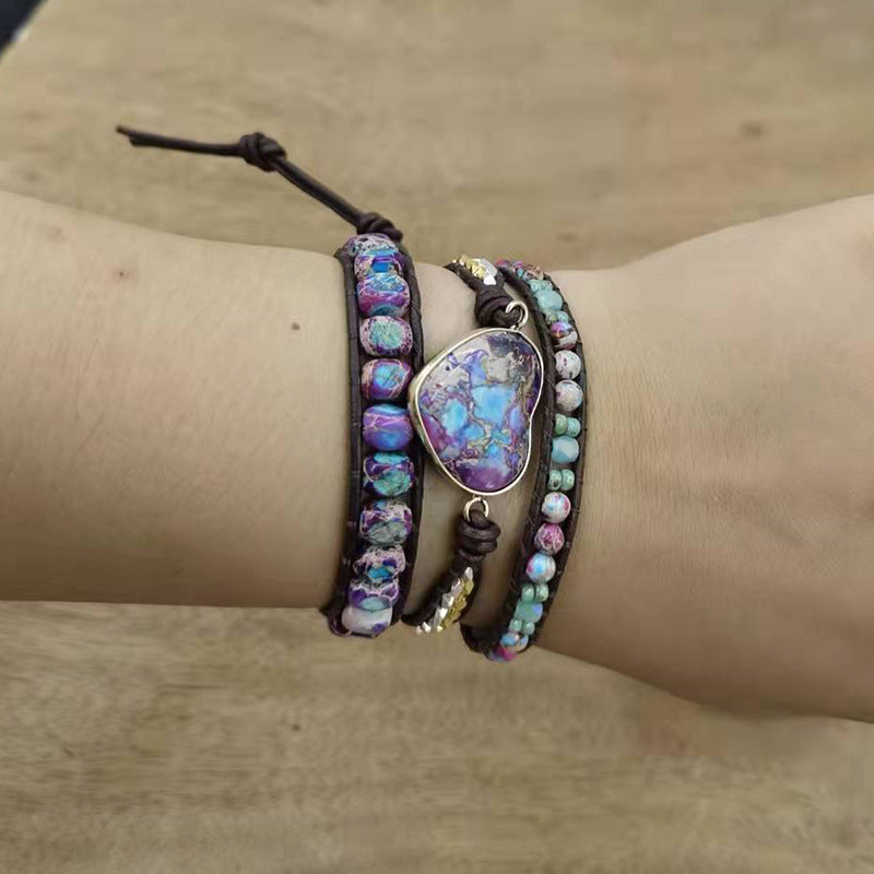 Purple Emperor Stone 3 Circles Cowhide Rope Beaded Bracelet