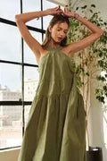 Crisscross Strap Cotton Midi Dress - Adjustable Drawstring Design | Femstylo