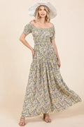 Floral Puff Sleeve Maxi Dress - Romantic Smocked Waist | Femstylo