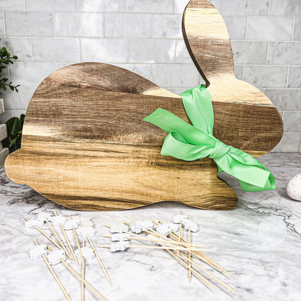 Acacia Wood Bunny Cutting Board With 20 Bunny Toothpicks And Ribbon Gift