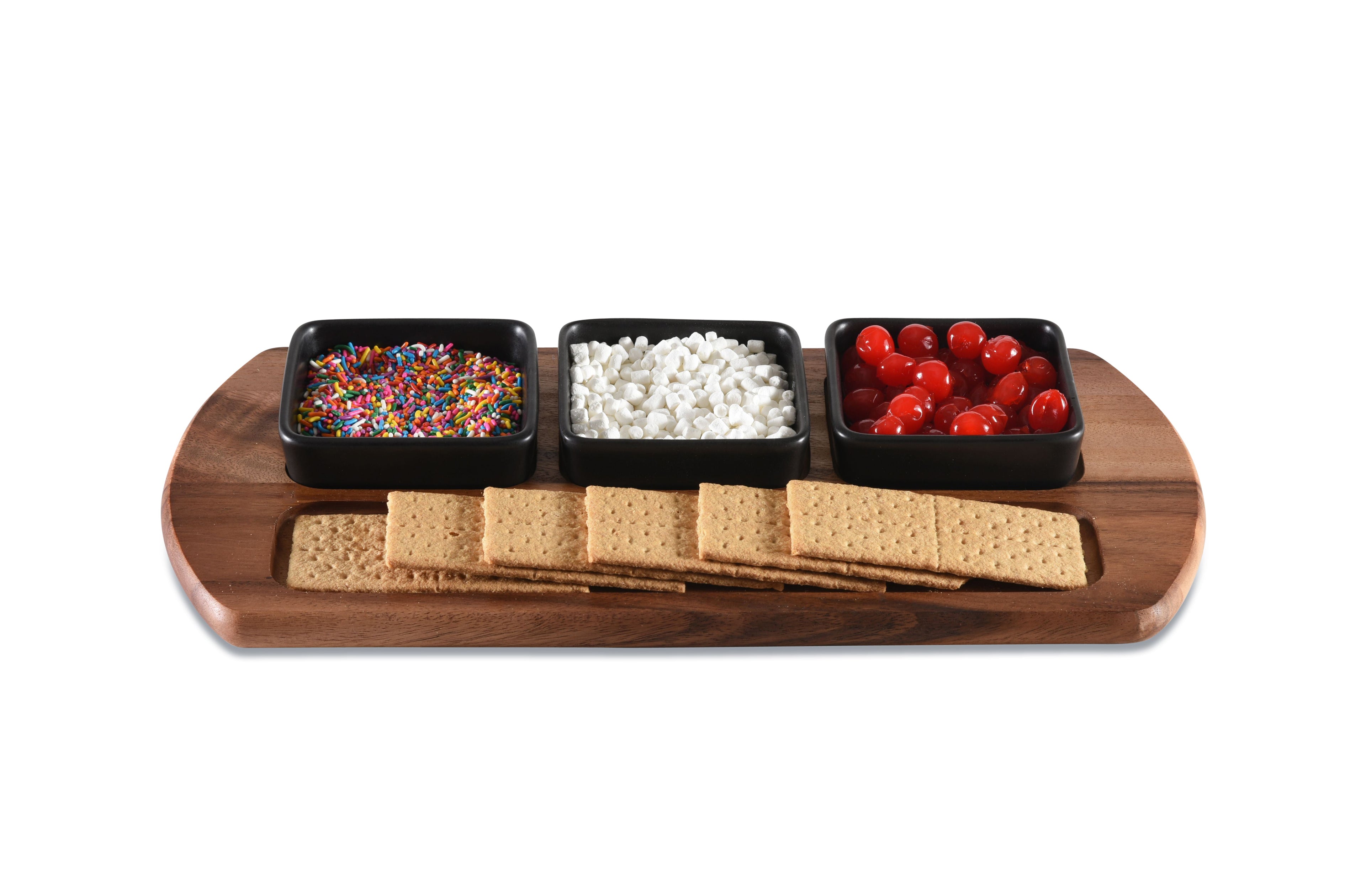 Acacia Wood Charcuterie Serving Tray 18 x 9 With 3 Black Ceramic Bowls