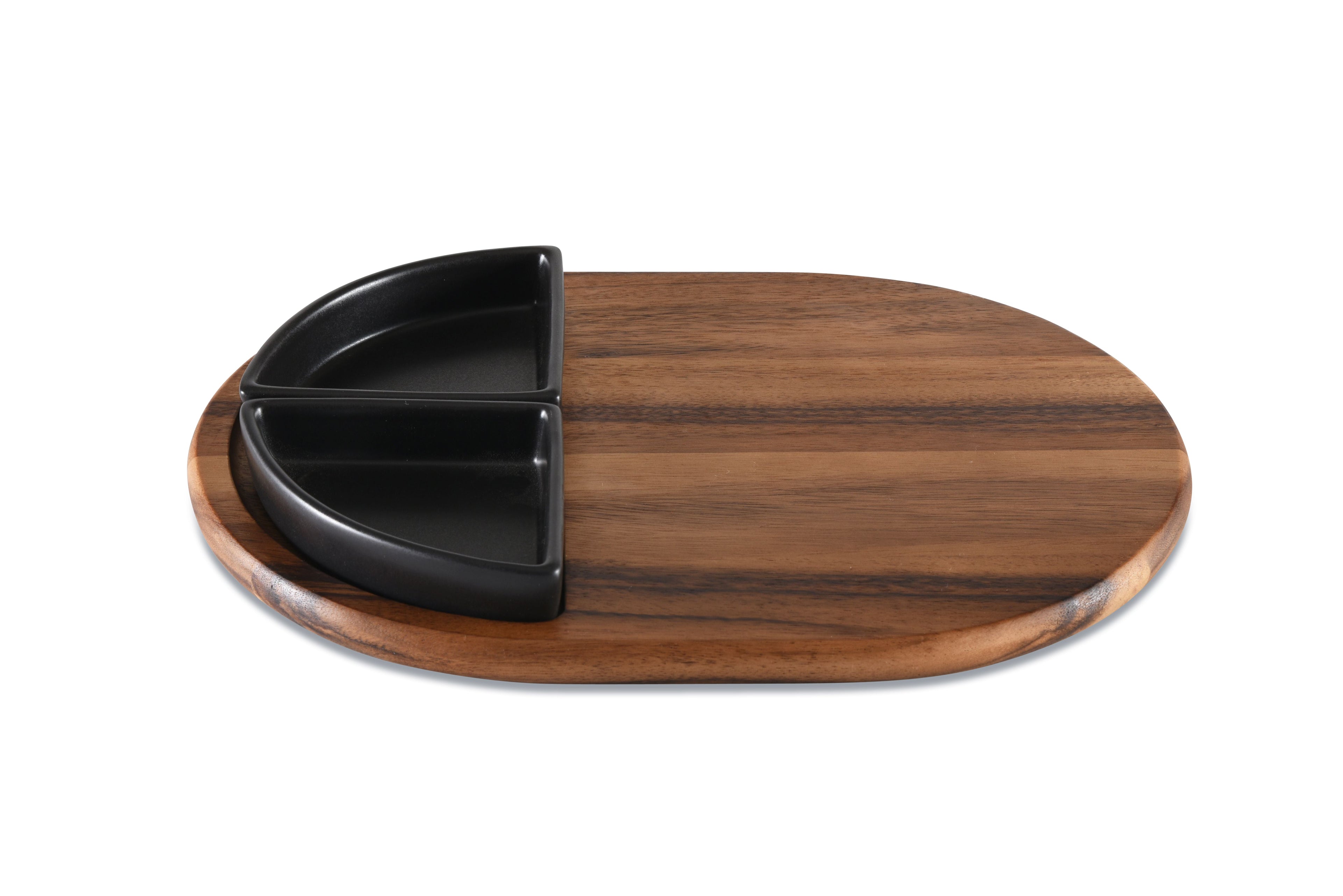 Acacia Wood Charcuterie Tray 15x11 With 2 Black Triangular Ceramic Bowls