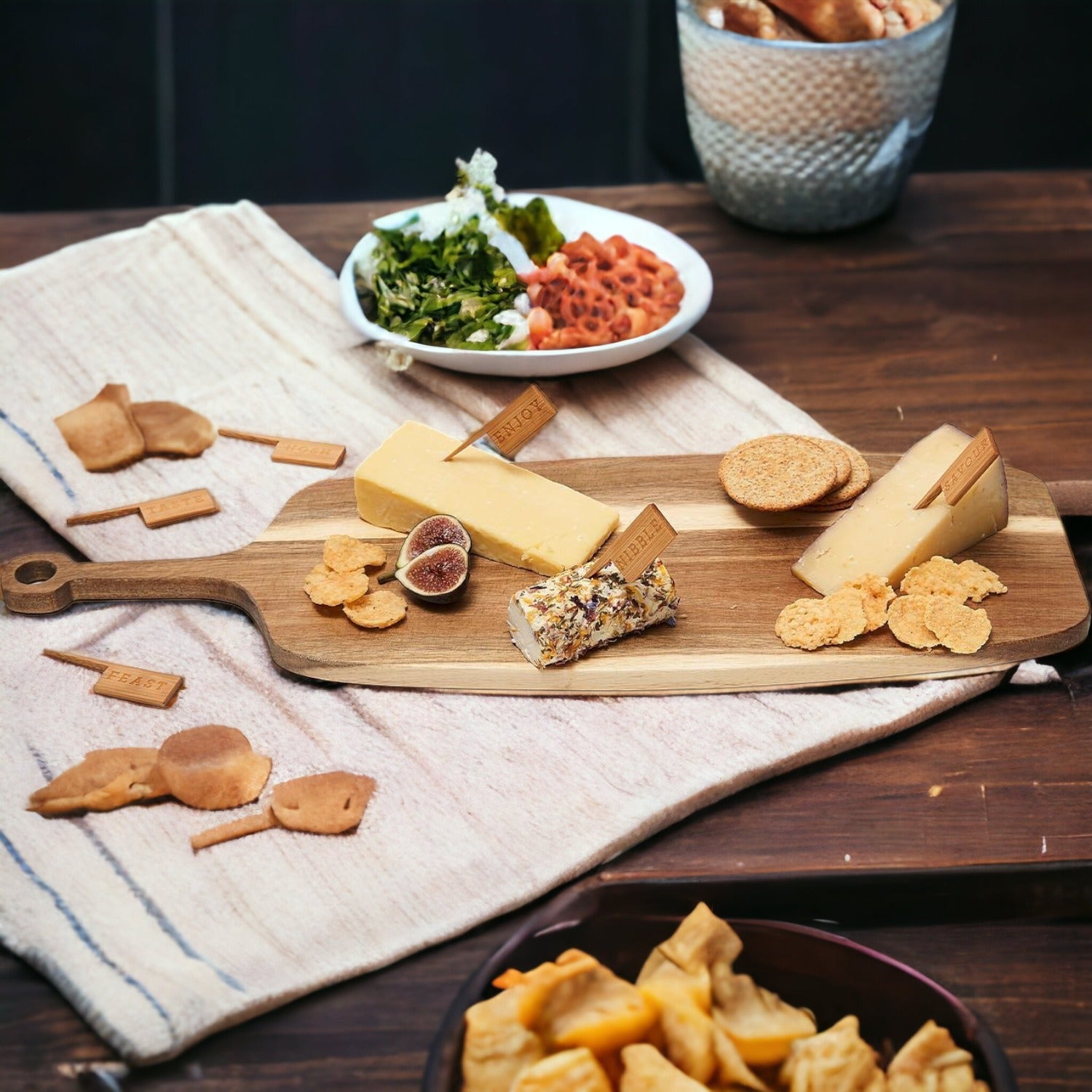 Acacia Wood Serving Board 23x8 Inch With Bamboo Cheese Markers And Handle