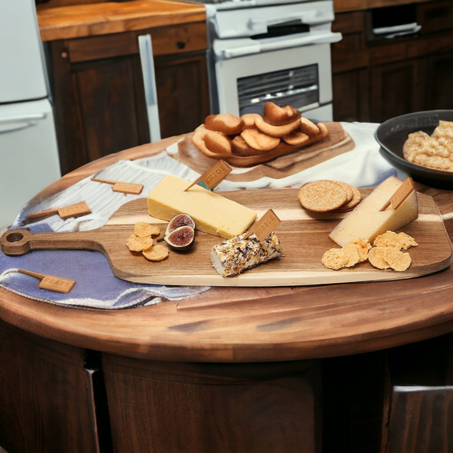 Acacia Wood Serving Board 23x8 Inch With Bamboo Cheese Markers And Handle