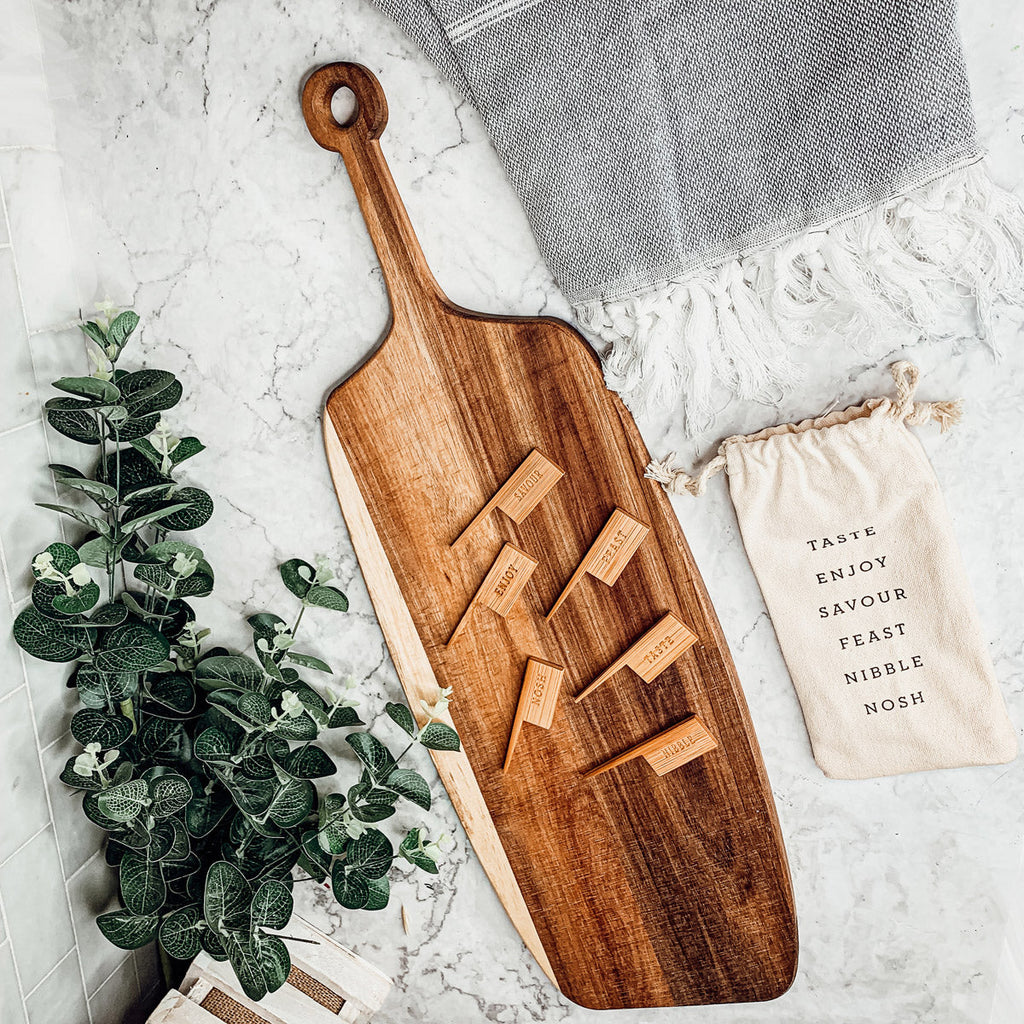 Acacia Wood Serving Board 23x8 Inch With Bamboo Cheese Markers And Handle