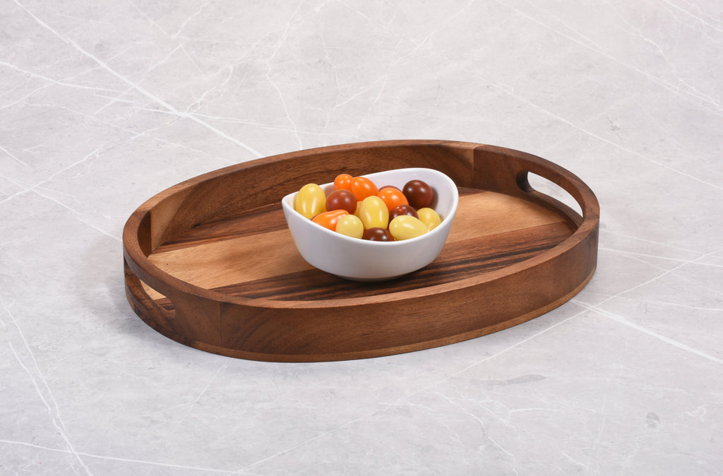 Acacia Wood Small Oval Serving Tray Handcrafted Durable Natural Decor