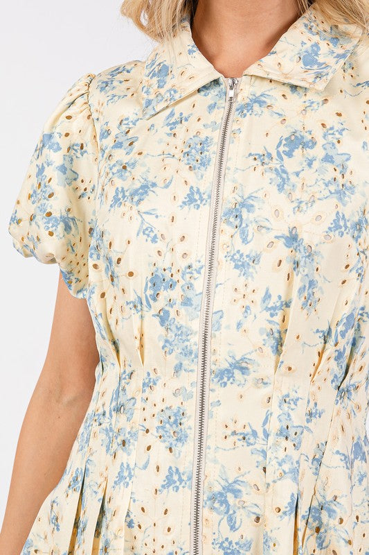 New Summer Floral Eyelet Zipper Front Puff Sleeve Mini Dress For Women – Elegant, Trendy and Chic Floral Eyelet Mini Dress with Puff Sleeves