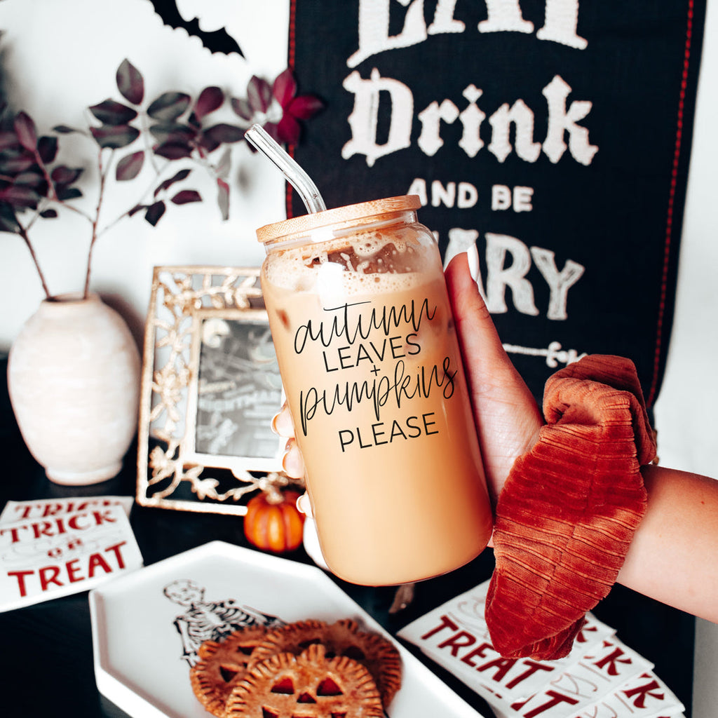 Autumn Leaves 20oz Glass Tumbler With Bamboo Lid, 2 Stainless Straws & Cleaner