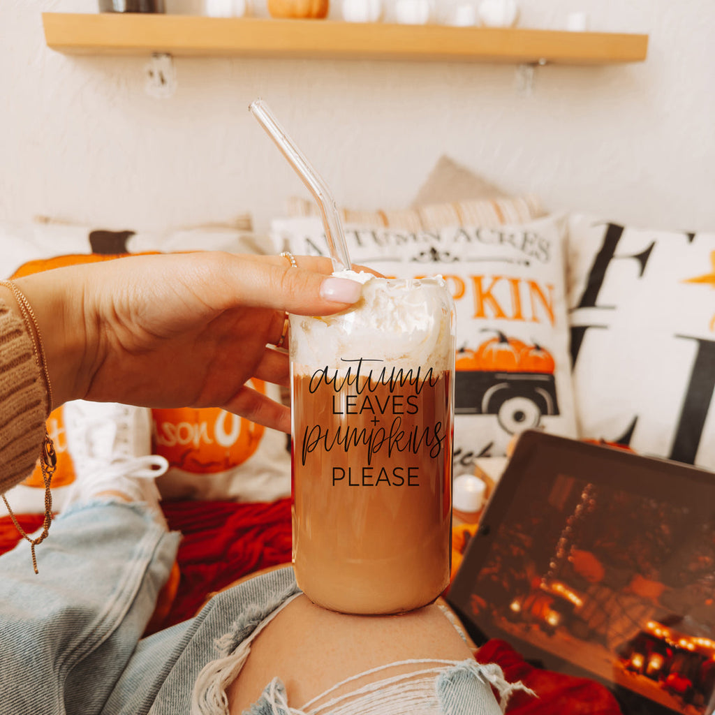 Autumn Leaves 20oz Glass Tumbler With Bamboo Lid, 2 Stainless Straws & Cleaner