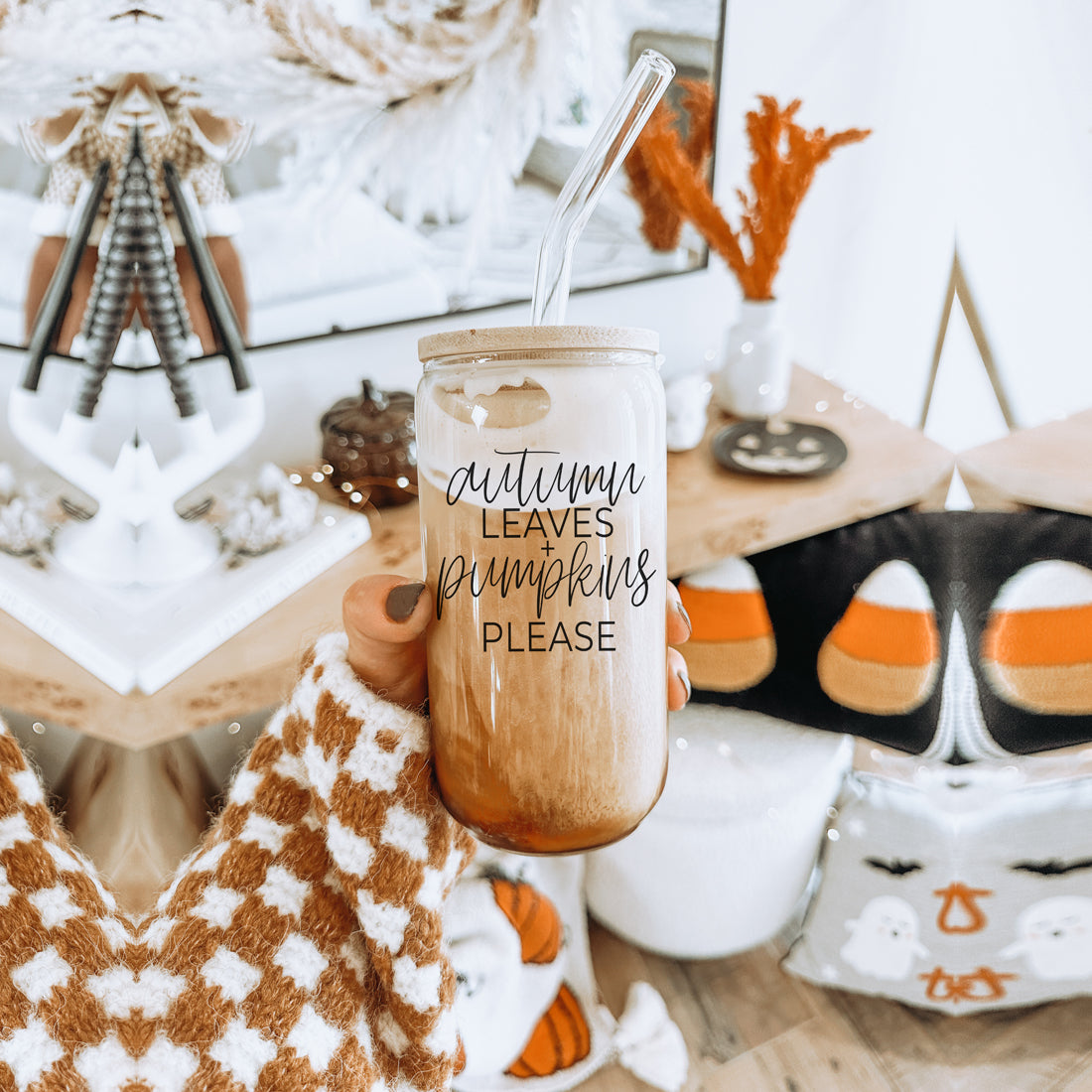 Autumn Leaves 20oz Glass Tumbler With Bamboo Lid, 2 Stainless Straws & Cleaner