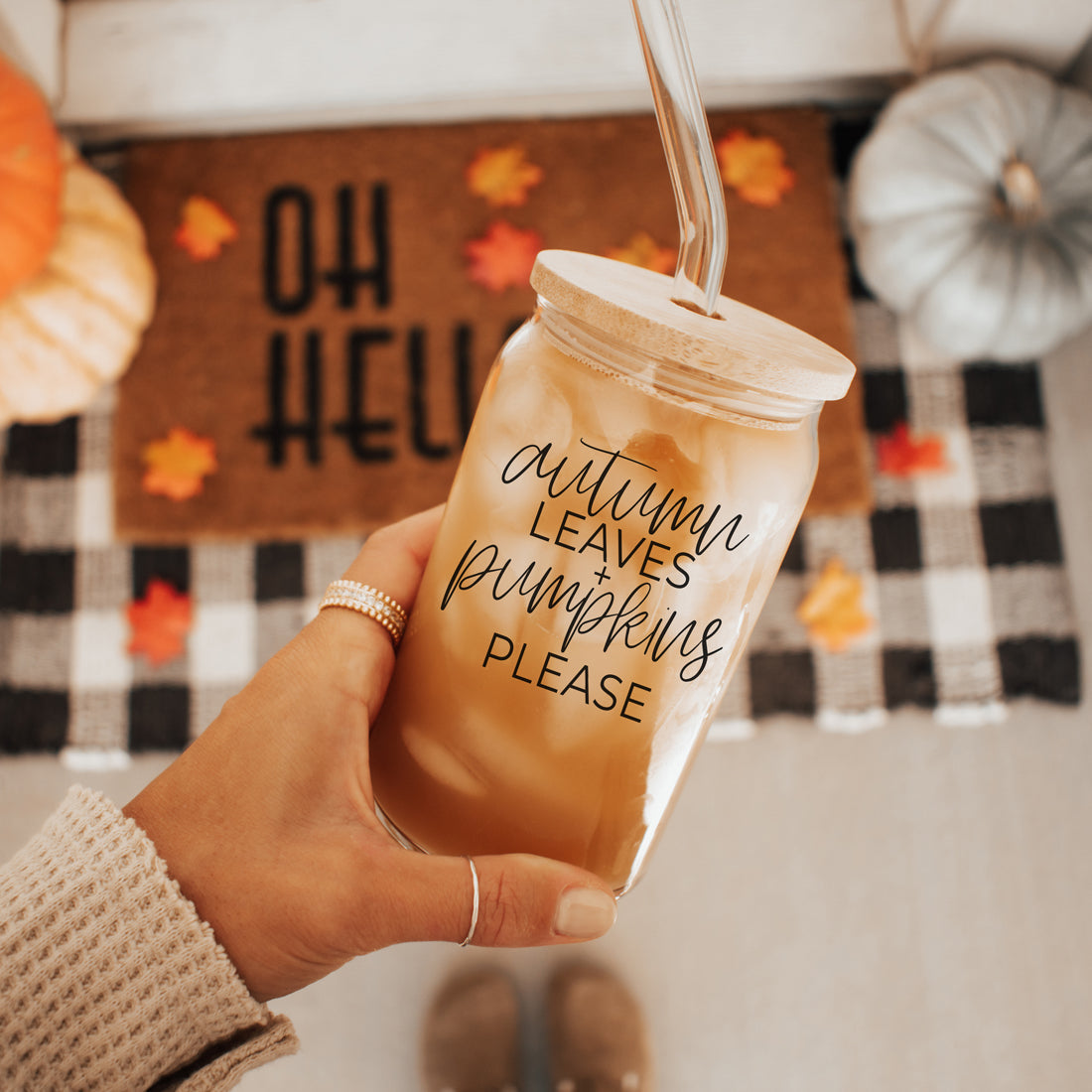 Autumn Leaves 20oz Glass Tumbler With Bamboo Lid, 2 Stainless Straws & Cleaner