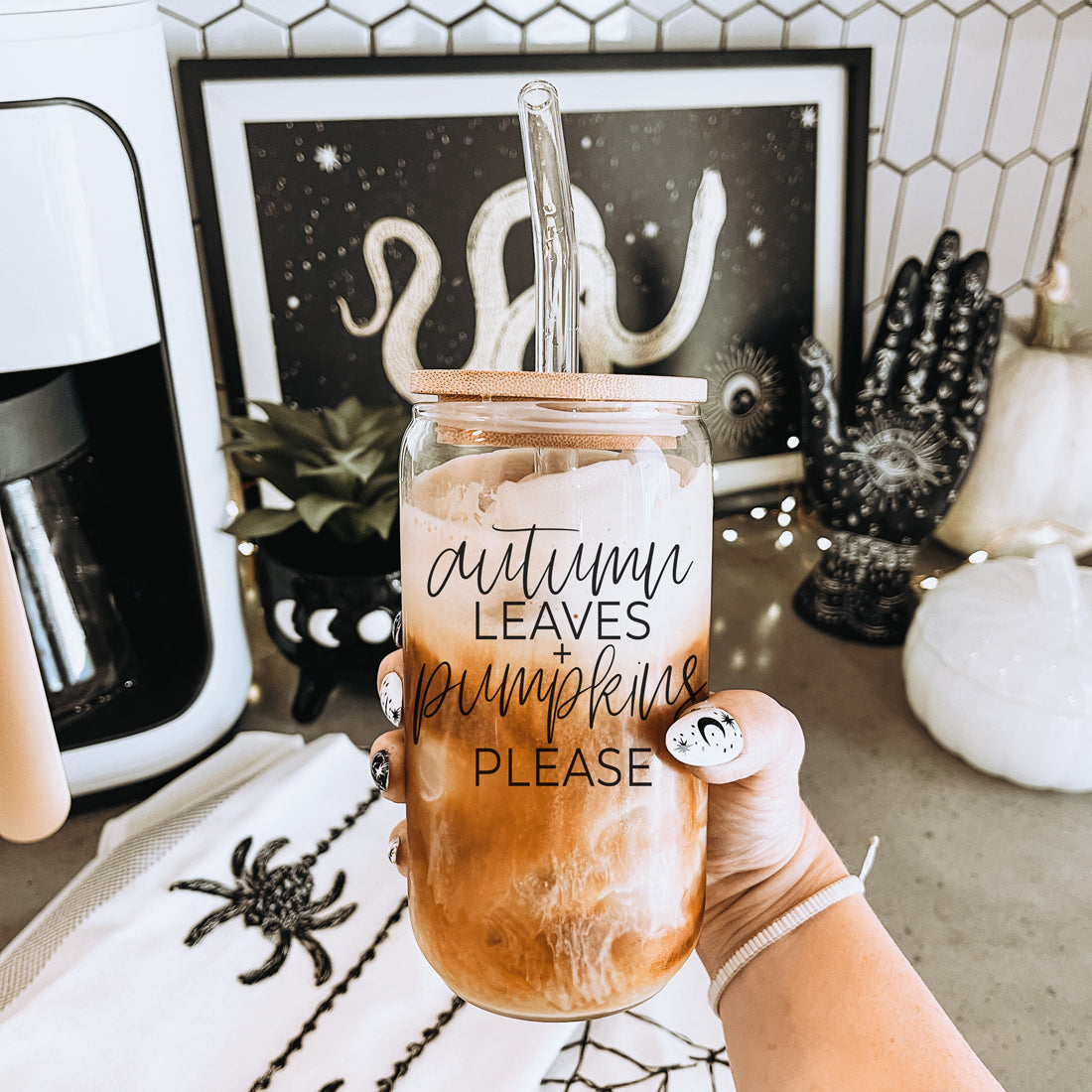 Autumn Leaves 20oz Glass Tumbler With Bamboo Lid, 2 Stainless Straws & Cleaner
