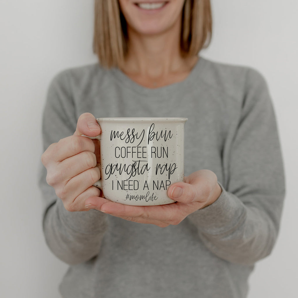 Messy Bun Coffee Run 14.5oz Ceramic Campfire Mug Double-Sided Speckled