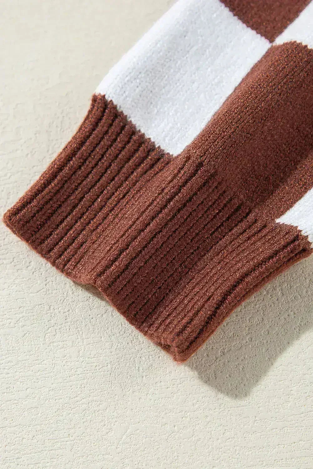 Brown Checkered Print Drop Shoulder Round Neck Sweater