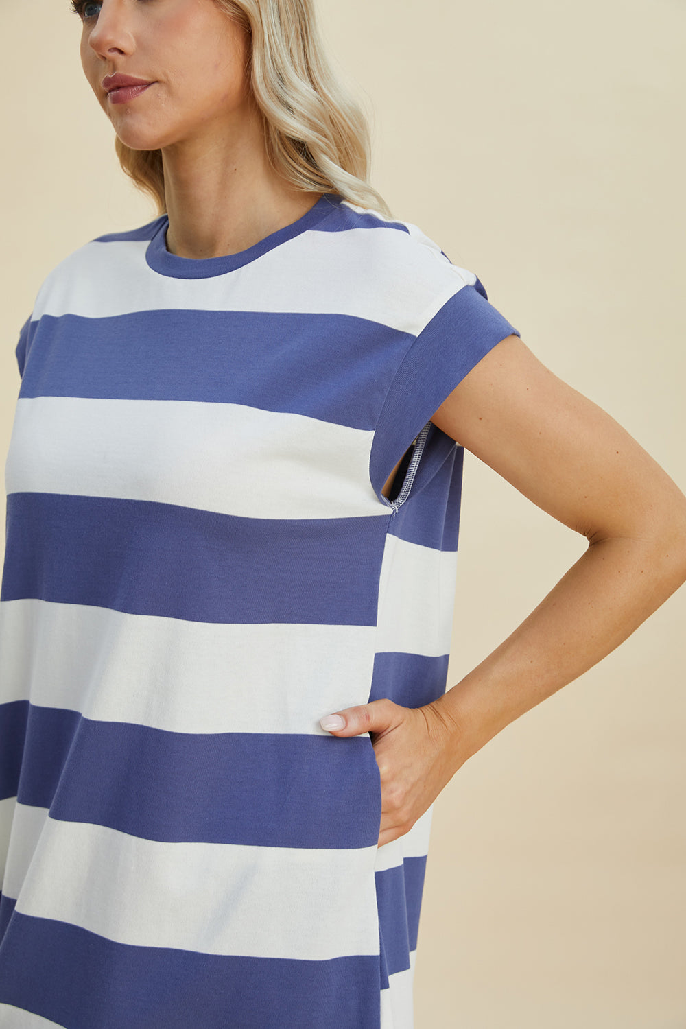 Full Size Striped Round Neck Cap Sleeve Mini Dress For Women – Striped Mini Dress, Full-Size Round Neck Dress, Comfortable Cap Sleeve Dress, Chic Striped Dress, Flattering Mini Dress, Casual Everyday Dress, Versatile Striped Dress