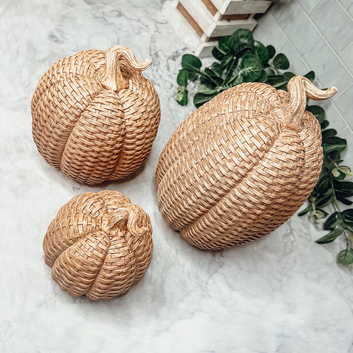 Rattan Resin Pumpkins Fall Decor - Set Or Single, 3 Sizes, Honey Cognac
