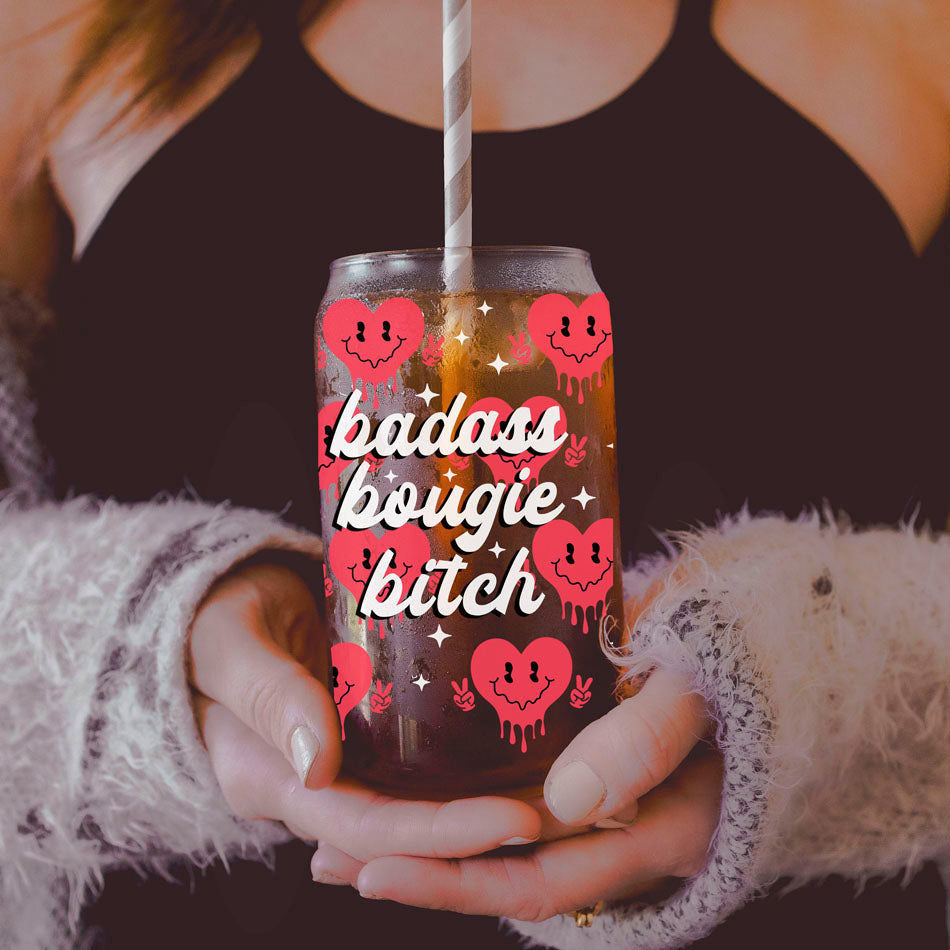 Badass Bougie 20oz Glass Cup With Bamboo Lid Funny Smiley Heart Design
