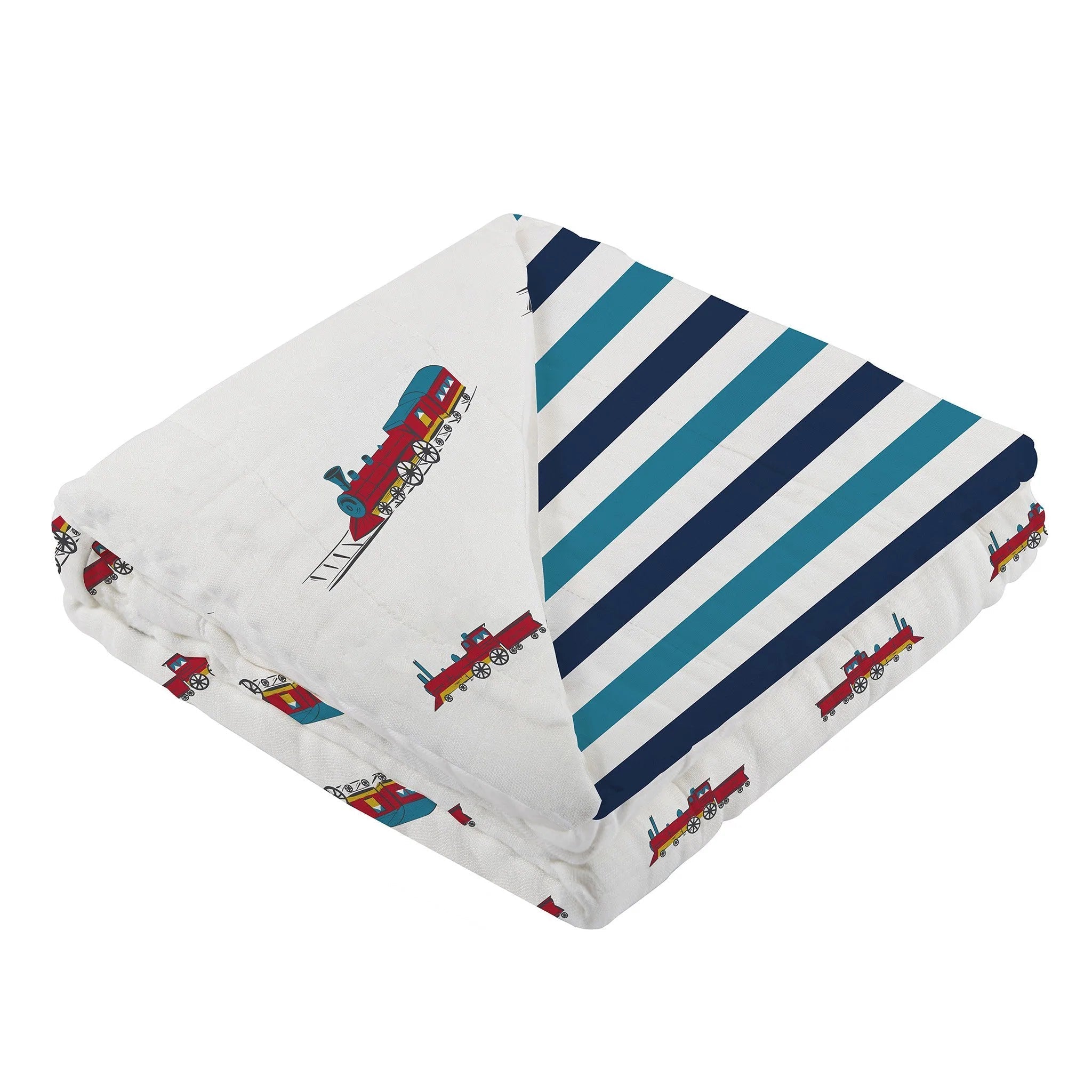 Bamboo Muslin Baby Blanket Vintage Train Blue Stripes