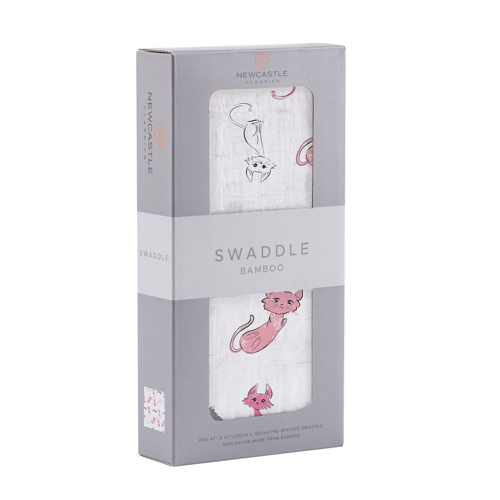 Bamboo Muslin Swaddle Pink Kitty Print Breathable Soft